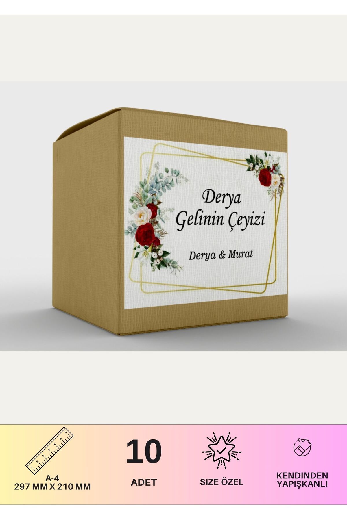 Çeyiz Etiketi Özelleştirilebilir İsme Özel - 10 Adet - Kırmızı Beyaz Gül Desen