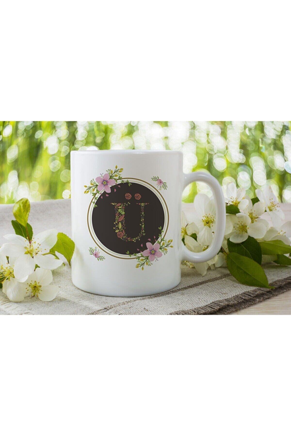 Çiçek Çerçeveli Özel Seri Ü Harfli Porselen Kupa Tfscb-025