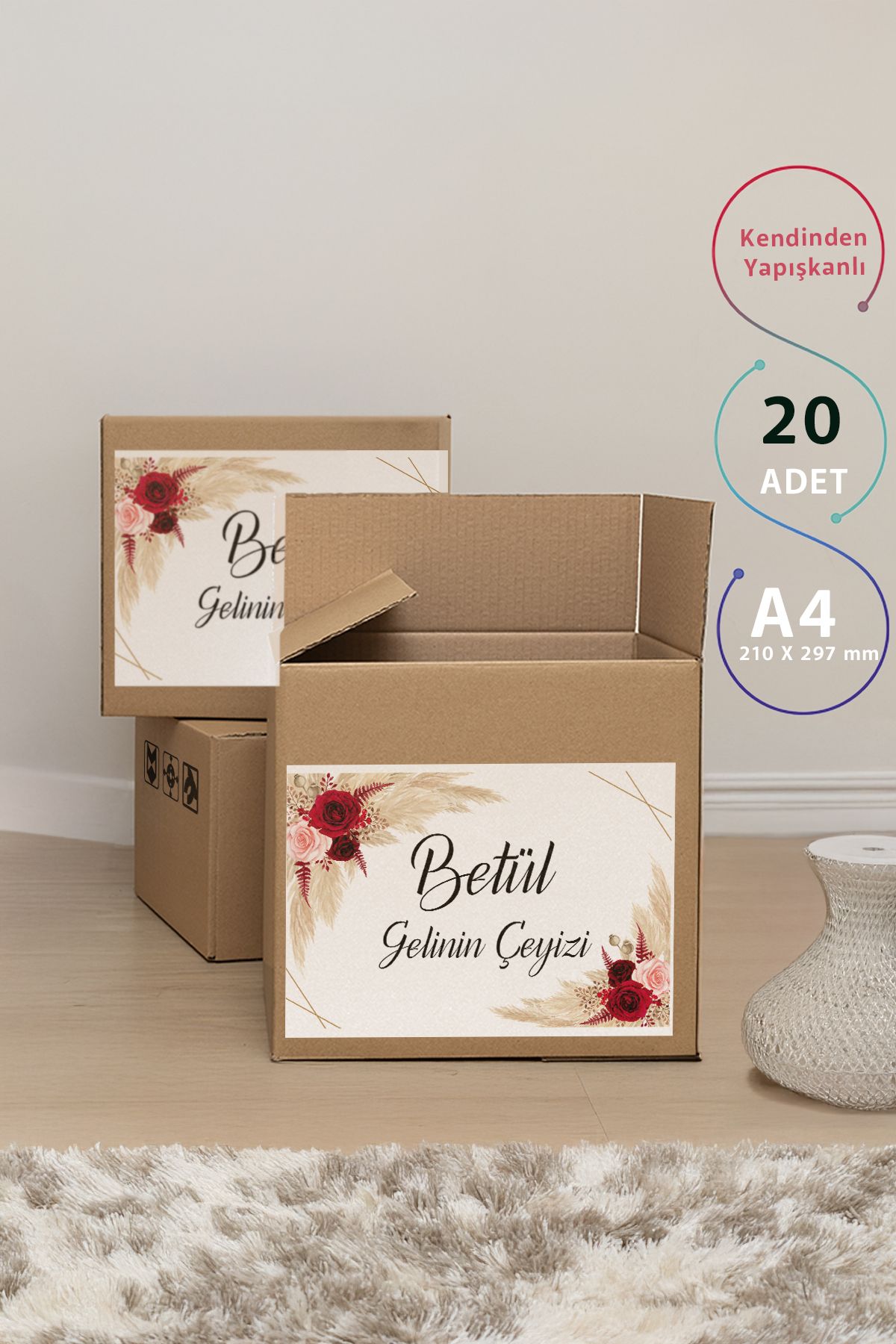 Kırmızı Gül ve Pampas Desenli Çeyiz Etiketi - Görsel 1