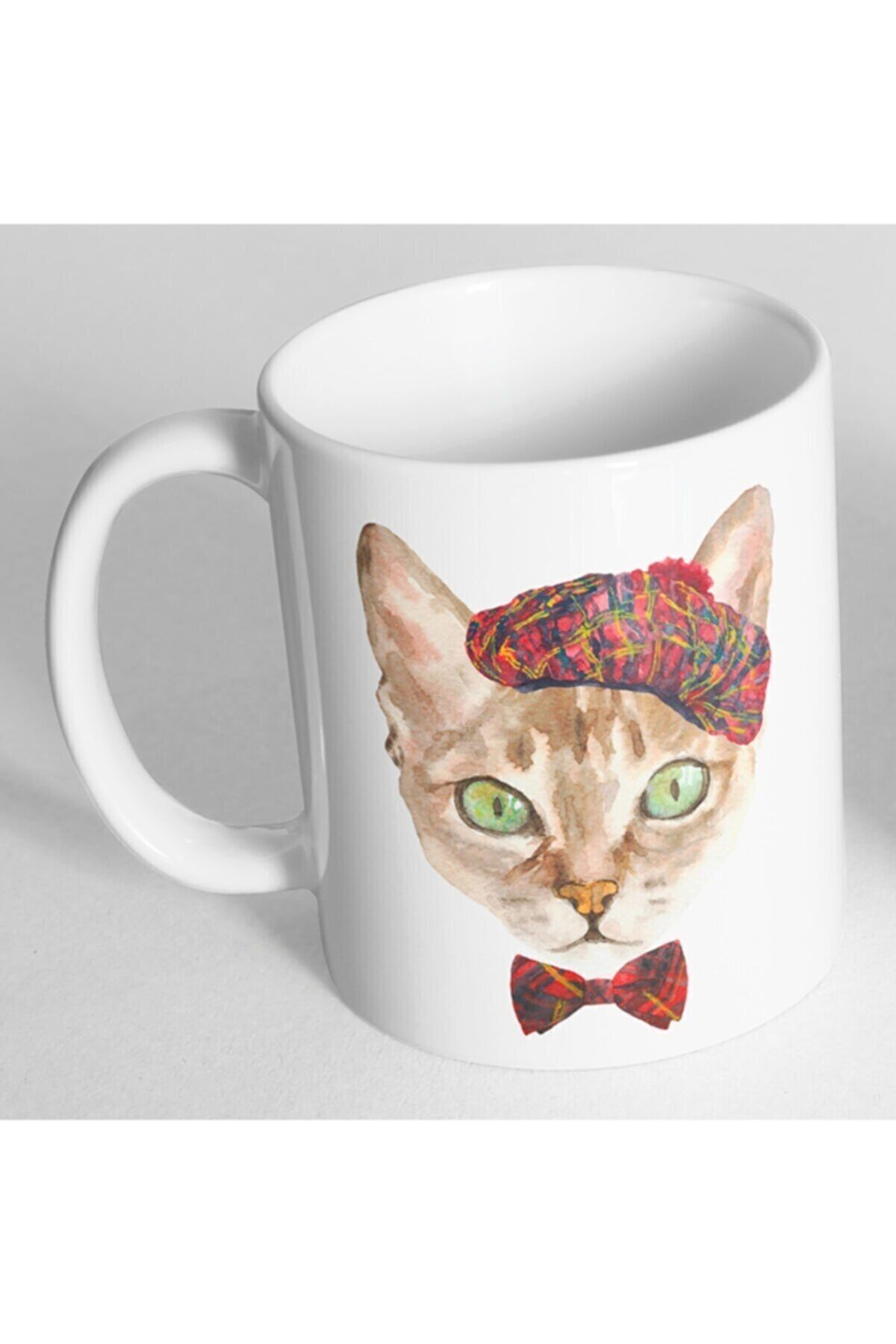 Kırmızı Şapkalı Fularlı Kedi Baskılı Kupa Bardak
