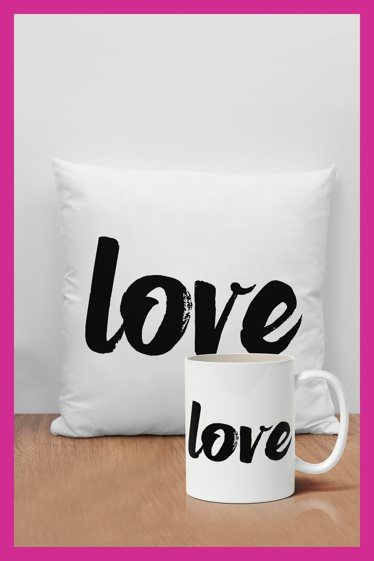 Love Detaylı Baskılı Dekoratif Hediyelik Yastık Ve Kupa Seti