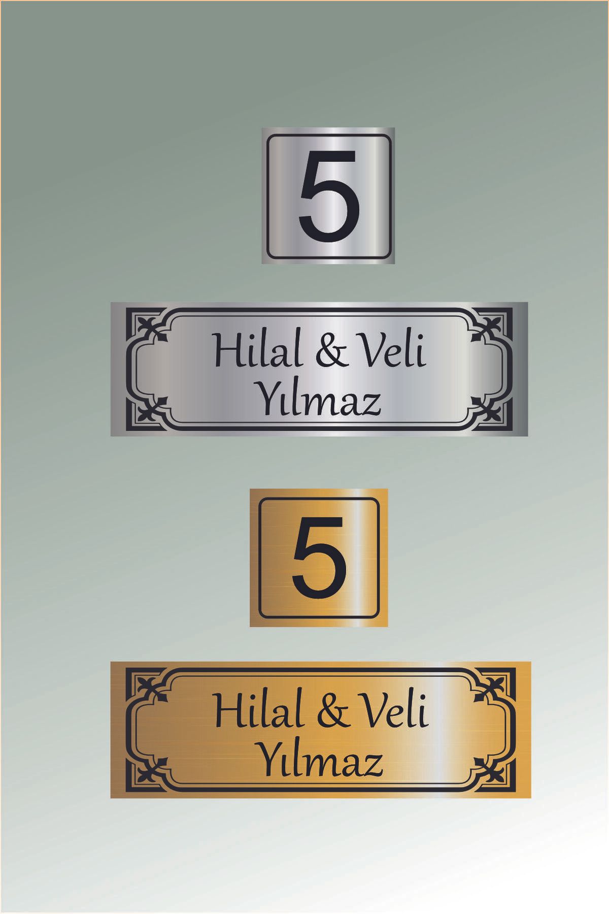 Metal Kapı isimliği ve Numarası - Altın ve Gümüş Renk Seçenekli (15x5 cm & 5x5 cm)
