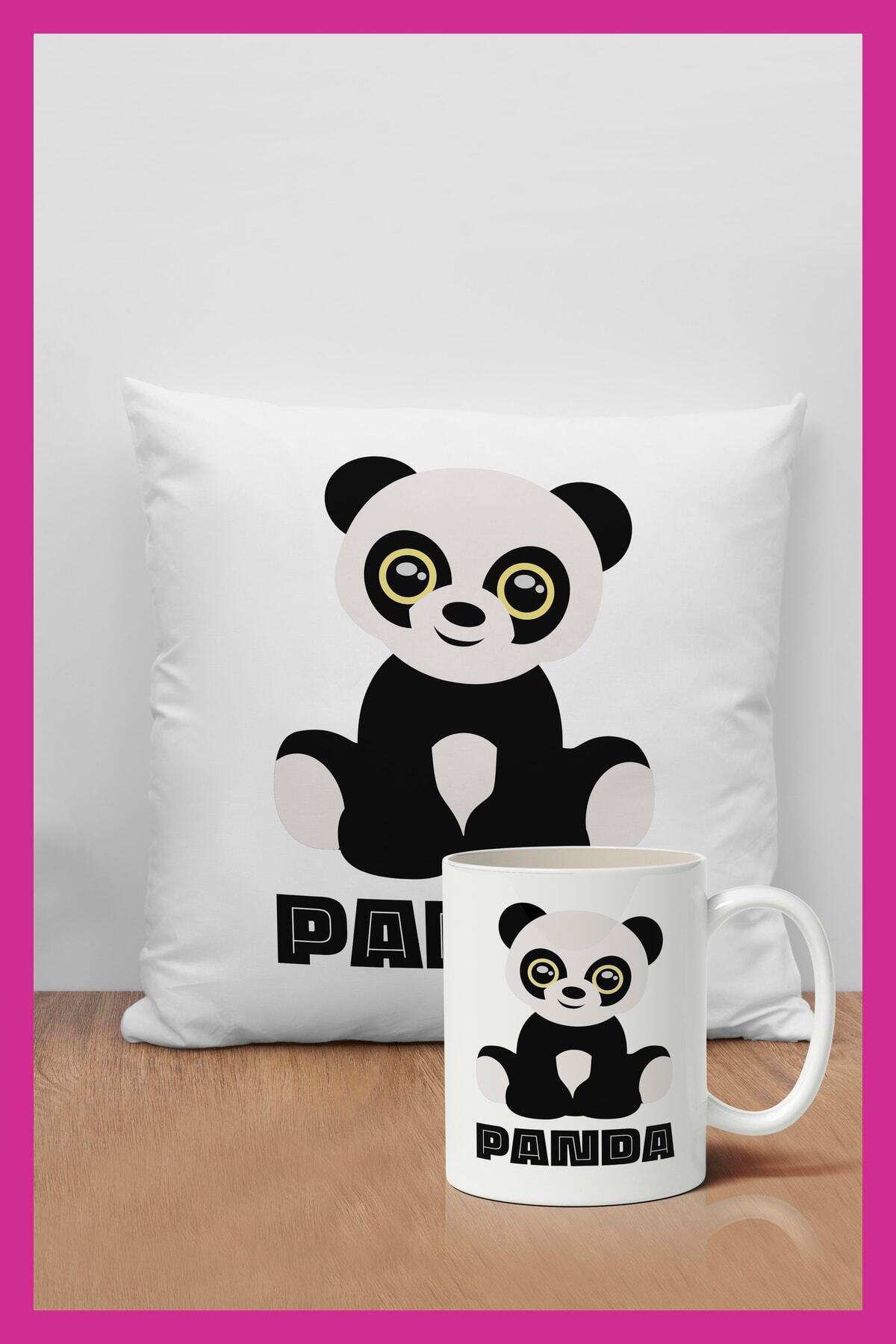 Panda Baskılı Dekoratif Hediyelik Yastık Ve Kupa Seti