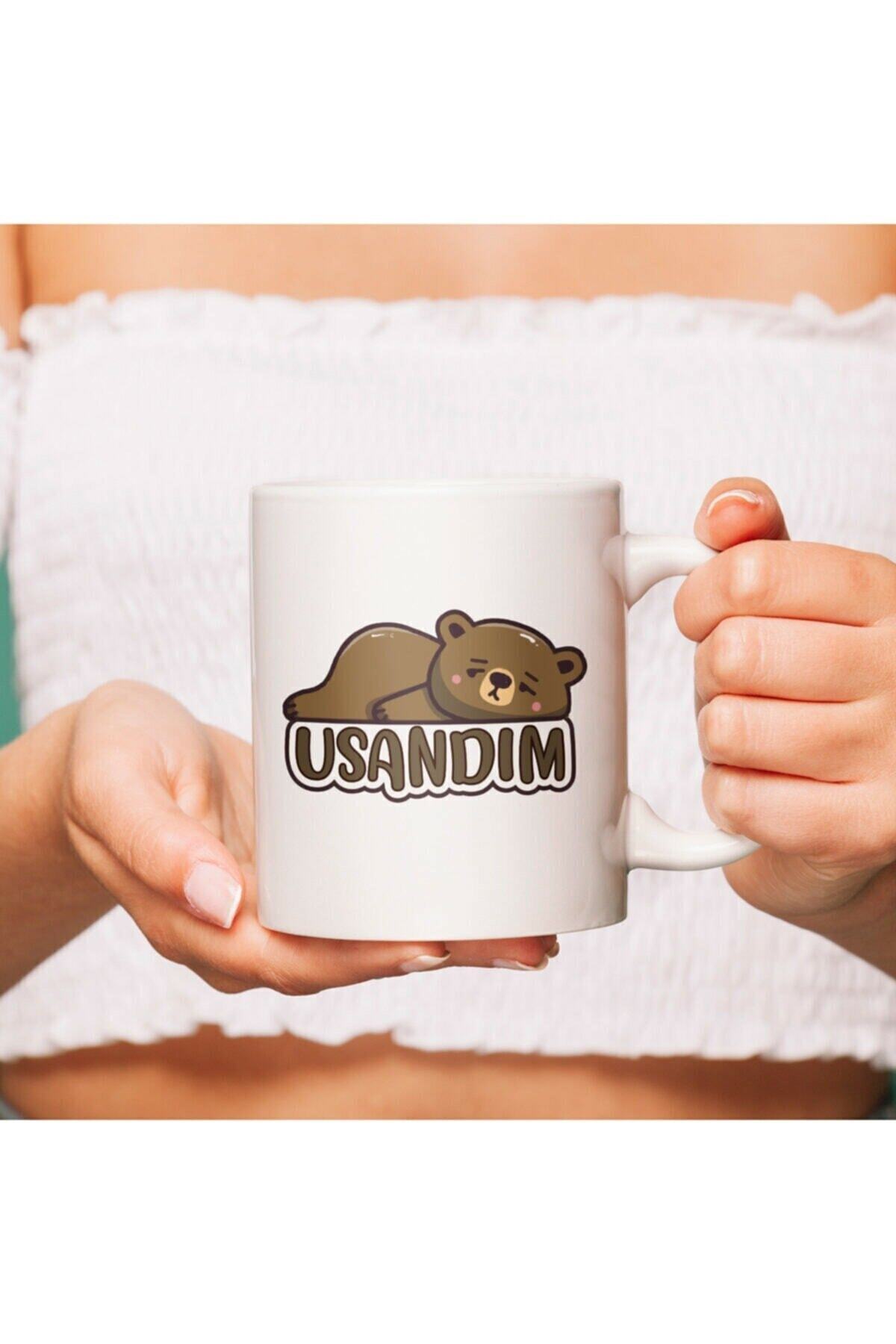 Usandım Mesajlı Sevimli Yorgun Ayı Hediye Porselen Kupa
